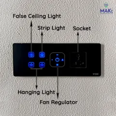 This image breaks down the functions of a single smart panel. You can see custom icons for false ceiling lights, strip lights, and hanging lights, plus a fan regulator and socket, all in one unit.