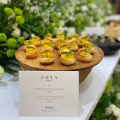 Our Mango Jalapeno Choux Puffs, created for a Zoya Jewels flagship store launch. Each canapé is a piece of edible art, designed to delight guests at sophisticated corporate soirées.