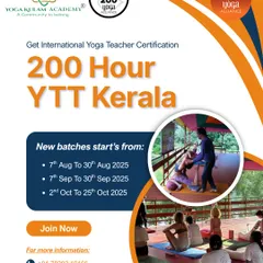 Join our internationally recognized 200-hour Yoga Teacher Training in Kerala. This poster outlines the upcoming batches and shows students learning alignment from an instructor in our beautiful, open-air shala.
