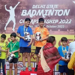 Our U-11 Boys Doubles champions, Arjun and Vatsal, on the podium at the Delhi State Badminton Championship. This was their first gold medal together, a huge achievement earned through teamwork and practice.