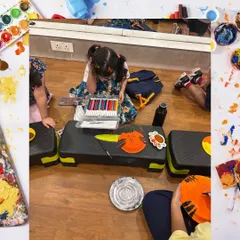 A young artist is completely absorbed in her work, painting a tiger face on a paper plate. Our classes provide a space for kids to focus and express their creativity.