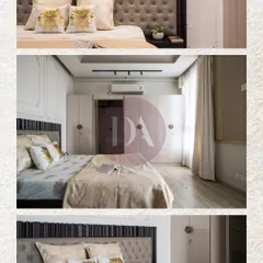 A collage showcasing different angles of a luxurious master bedroom. The design features a tufted headboard, elegant white wardrobes, and gold-accented cushions, creating a cohesive and sophisticated look.