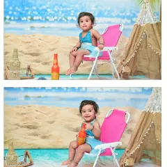A two-photo collage showing the baby girl enjoying her beach day. The setup includes a miniature tent and a bright pink chair, creating a fun and colorful seaside scene.