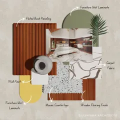 An annotated mood board for a bedroom, detailing our material choices like fluted back paneling, mosaic countertops, and specific laminates. This transparency is key to our collaborative design process.