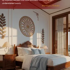 A closer look at the Kashmir-inspired bedroom, where the richness of walnut wood is complemented by intricate wall carvings and soft textiles. This space is designed to be a warm, intimate, and welcoming retreat.