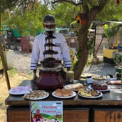 A chocolate fountain is always the star of a kids' party. Here it is set up at a farm-themed birthday, with a variety of fruits, marshmallows, and cakes for dipping.