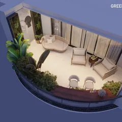 An overhead view of the complete curved balcony layout. We designed it as a multi-functional space with a dining area, a large daybed, and lounge chairs, all surrounded by a border of lush greenery.