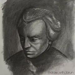 A finished study of the philosopher Immanuel Kant, done with willow charcoal. This medium is great for creating deep shadows and a dramatic mood, allowing for a more expressive style of portraiture.