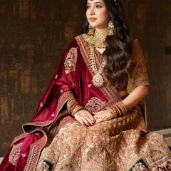 Royal elegance in every detail. This timeless bridal look features a stunning maroon and gold lehenga with intricate embroidery and statement jewellery fit for a queen.