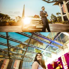 Capturing the style and glamour of the reception. The groom poses with a luxury car under the sun, while the bride is photographed against the sparkling lights of the modern venue, highlighting the event's sophisticated atmosphere.
