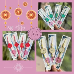 A collage of my handmade resin Rakhis in various geometric shapes and colors. Each one is unique and made with love.