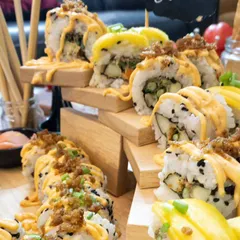 A creative Jenga-style presentation for my sushi rolls. This not only looks impressive but also makes it a fun, interactive dish for guests at any party.