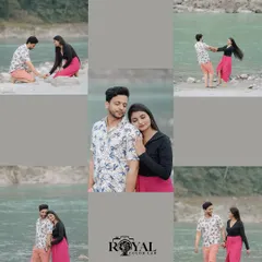 A collage showcasing a couple's playful and romantic moments on the banks of the Ganga, from walking in the water to sharing a quiet embrace.