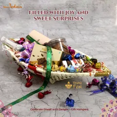 Our unique boat-shaped basket hamper is filled to the brim with joy and sweet surprises. It’s an eye-catching gift packed with cookies, chocolates, and other treats, perfect for making a grand gesture this Diwali.