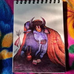 This is my detailed pen sketch of Nandi Maharaj, the sacred bull and devotee of Lord Shiva. I spent a lot of time on the colors and fine lines to capture a sense of peace and devotion. This kind of spiritual art is a very important part of my practice.