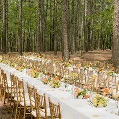 An enchanting dining setup in the middle of a Japanese forest. This image highlights the unique and immersive experiences that a destination wedding can offer.