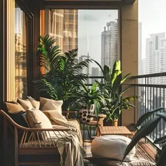 A beautiful wooden spindle-back sofa, piled with soft cushions and throws, creates a warm and inviting atmosphere. This setup, combined with floor poufs and potted palms, offers a relaxed, bohemian-inspired seating area.