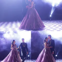 A collage capturing the story of a couple's Sangeet dance. From the grand entrance to the romantic embraces, these shots freeze the key moments of their performance.