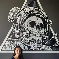 This black and white astronaut skull was a super fun piece for the Lounge29 pub in Mysore. It's a high-impact, edgy design that gives the space a unique, graphic novel feel.
