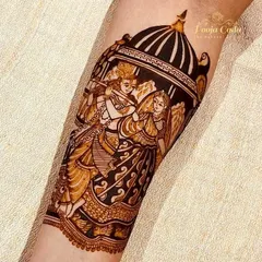 The divine love of Radha and Krishna, captured in intricate detail. I specialize in creating spiritual and portrait mehendi, bringing a sense of sacred artistry to your bridal henna. Each figure is drawn with immense care to reflect the emotion and beauty of the story being told.