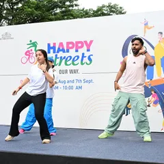 Teaching some Bollywood moves on stage during the Happy Streets event. My choreography for public events is always simple, energetic, and easy for the crowd to follow along.