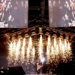 We excel at capturing peak moments, like this pyrotechnics display during a concert. This shot freezes the spectacular shower of sparks, adding to the drama of the live event.