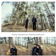 A collage of a couple's pre-wedding shoot in a dense pine forest. The tall trees and soft light create a romantic and almost magical atmosphere for their portraits.