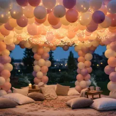 I create magical and intimate spaces perfect for a Mehndi night or a cozy pre-wedding function. This balloon canopy, woven with warm fairy lights, provides a dreamy, mandap-style seating area for an unforgettable evening outdoors.