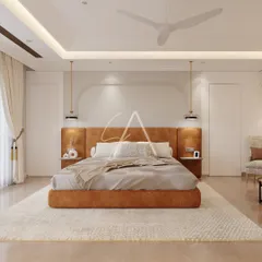 A frontal view of the tan bed, showcasing the custom headboard with integrated, arch-shaped lighting. This detail adds a soft, architectural element to the room while providing ambient light.