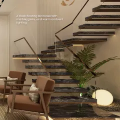 A sleek floating staircase made of dark marble and glass is a centerpiece in this home. Warm ambient lighting integrated into the steps adds depth and sophistication.