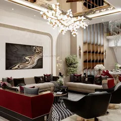 We love creating grand, double-height living rooms that feel both luxurious and welcoming. This space features a stunning modern chandelier, a bold red sofa for a pop of color, and a mix of textures that create a sophisticated atmosphere for hosting guests.