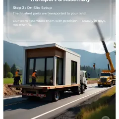 The second step is transport and assembly. The finished modules are transported to your land, and our team assembles them with precision, usually in a matter of days, not months.