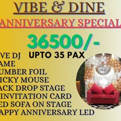 Details of my Anniversary Special package for up to 35 guests. It comes with a live DJ, games, number foil decor, a backdrop stage with a red sofa, and a "Happy Anniversary" LED sign.