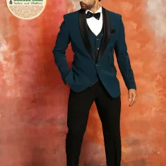 This is a modern take on the classic tuxedo, tailored in a striking teal fabric. The design features a contrasting black shawl lapel, a single-button closure, and a slim fit, offering a sharp and contemporary option for formal events.