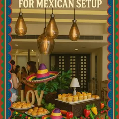 We love creating themed events, like this vibrant Mexican grazing table. The setup includes festive decor like sombreros and colorful garlands to complement the menu of tacos, vol-au-vents, and fresh salsas.