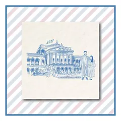 The first chapter of their story. This custom illustration depicts the couple at their university, the place where it all began, rendered in a classic blue-and-white sketch style.