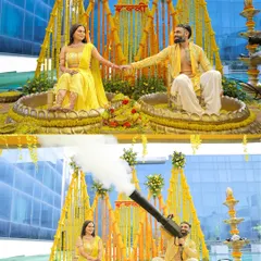 This collage shows the fun and playful side of a Haldi ceremony. The top image captures a sweet moment, while the bottom shows the groom having a blast with a smoke cannon, adding a modern twist to the tradition.