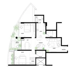 The floor plan for our 'Reweave Stories' apartment renovation. The drawing shows our key interventions, like opening up the kitchen and enclosing the verandah, to create a more functional and connected living space.