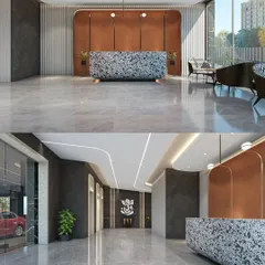 The lobby design for our upcoming Jade Crest project in Matunga. We used a combination of terrazzo, textured grey stone, and warm metallic accents to create a sophisticated and modern reception area that feels both luxurious and welcoming.