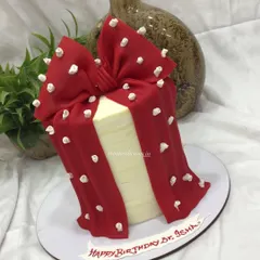 A full view of the stunning red bow cake, perfect for a sophisticated birthday or celebration.