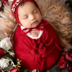 A close up shot of a newborn wrapped in a vibrant red knit, with a matching headband. This portrait focuses on the baby's delicate face and tiny hands.