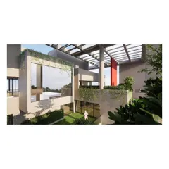 An internal view of the 'Bounding Box' residence, showcasing the layered design with multiple terraces, gardens, and a pool. The house is a complex volume of interconnected indoor and outdoor spaces.