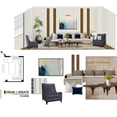 This mood board and layout plan for a living room visualizes the final look. It helps clients see how the furniture, color palette, and decor will come together before making any commitments.