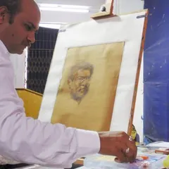 A focused moment during a live portrait demonstration of my respected guru, Shri Vasudevji Kamath. This piece was created using pastels on toned paper, a medium that allows for soft transitions and rich detail.