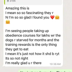 A duplicate image of a client's message expressing her relief at finding a positive trainer after seeing unethical methods used elsewhere.