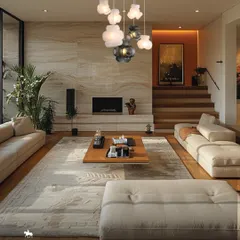 For this living room, I designed a cascading cluster of cloud-like pendant lights to serve as a soft, sculptural centerpiece. The arrangement adds depth and a touch of modern artistry, creating a warm and inviting atmosphere over the main seating area.