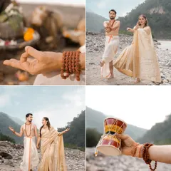 A collage from a Shiva-Parvati themed pre-wedding shoot, capturing symbolic details like the damru, rudraksha beads, and graceful dance-like poses by the river. Each frame contributes to a powerful narrative of divine partnership.