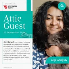 Author Gigi Ganguly, whose work spans from novellas to short story collections, discussed her creative process and her current work on a novel about AI.