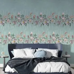 A beautiful floral border design on a serene aqua background. This wallcovering from the Florina collection is perfect for creating a peaceful and elegant atmosphere in a bedroom.