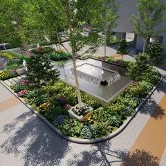 This 3D render details a central plaza, where we've combined a modern water feature with dense, multi-layered planting. Our focus is on creating these inviting "in-between" spaces that serve as focal points for community interaction and quiet reflection.